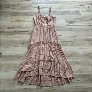Rebellion Again Beige Blush Tiered High Low Dress Lace Details
